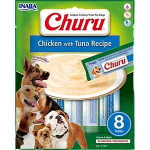 Inaba Foods Dog Churu - Chicken with Tuna - Лакомство за кучета, джобчета с мек пълнеж с пиле и риба тон, 8 пакета х 20 грама, Япония EUD602