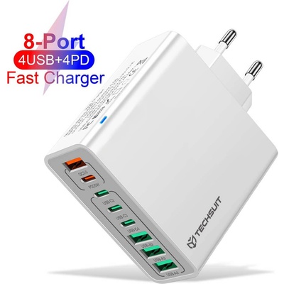 Захранване за ел. мрежа с 4xUSB-A и 4xUSB-C изхода и технология за бързо зареждане - Techsuit CHPD224 Quick Wall Charger PD 65W (бял) (CHPD224 (KF2345024))
