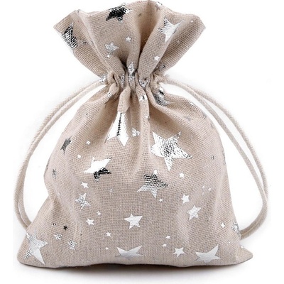 Prima-obchod Dárkový pytlík hvězdy metalické 13x18 cm lněný, barva 1 režná stříbrná