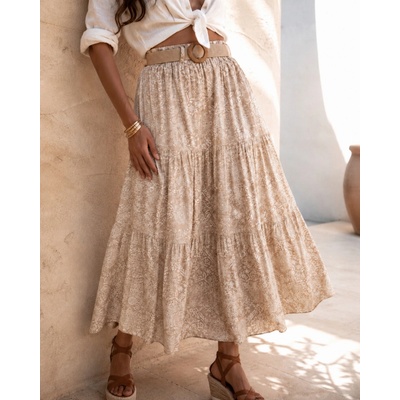 Fashionweek dámska viskózová midi sukňa s boho vzoro UB-STABIO camel