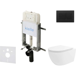 kielle Genesis New - Комплект структура за вграждане, тоалетна чиния Oudee Vortex, Rimless+, SoftClose седалка и бутон Gemini New III, черен мат 30528SZ36 (30528SZ36)