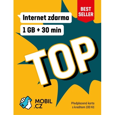 TOP karta od MOBIL.CZ. Předplacená karta s 1 GB, 30 minutami a kreditem 100Kč