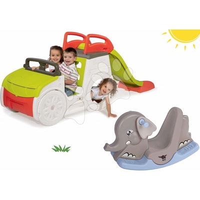 Smoby set prolézačka Adventure Car se skluzavkou a houpačka Slon s pohyblivýma ušima 840200-28