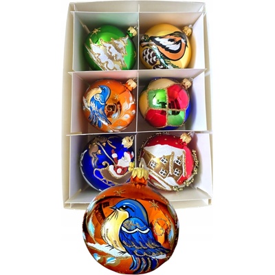 Atelier Agnes Ručne maľované sklenené vianočné gule – farebný set 6 originálnych motívov (Ø 8 cm)