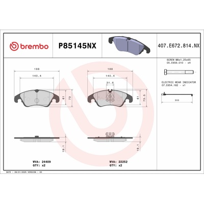 BREMBO Sada brzdových platničiek kotúčovej brzdy P85145NX