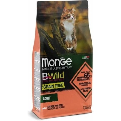 MONGE BWild Cat Adult Grain free bezobilninové kompletné krmivo pre dospelé mačky s lososom a hráškom 1,5 kg