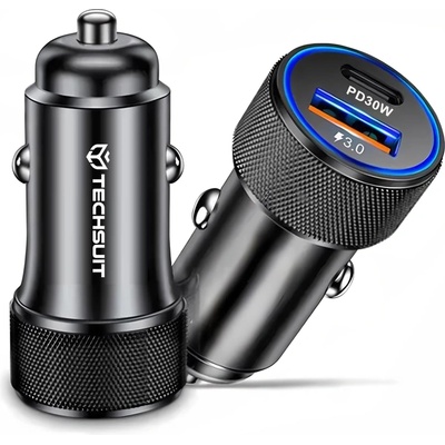 Techsuit - Премиум зарядно за кола VoltDuo (C2) - с LED светлина, USB QC 3.0, Type-C PD30W, 5V/3A, ABS, Метал - Черен