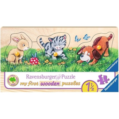 Ravensburger Дървен пъзел Ravensburger от 3 части - Сладки бебета животни (03203)
