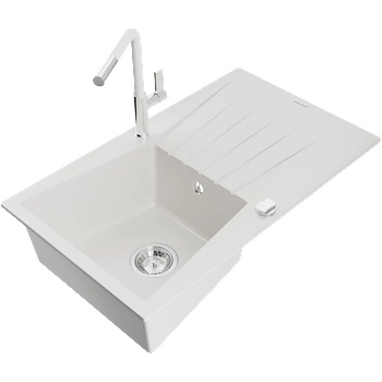 Mexen Cesar мивка от гранит с 1 камера с оцедник и кухненски смесител Flora, бял - 6514-20-670401-02 (6514-20-670401-02)