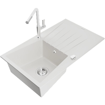 Mexen Cesar мивка от гранит с 1 камера с оцедник и кухненски смесител Flora, бял - 6514-20-670401-02 (6514-20-670401-02)