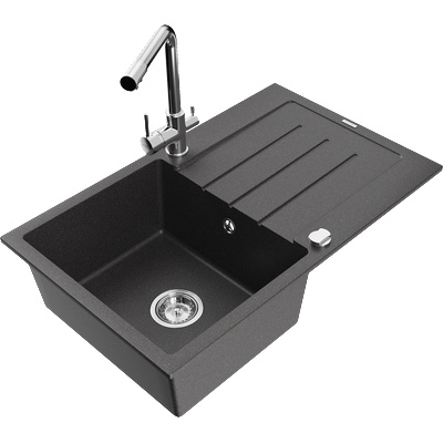 Mexen Bruno мивка от гранит, 1-камерна с отцедник и кухненски смесител Duero, черен с пръски - 6513-76-671600-00 (6513-76-671600-00)