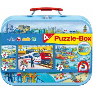 Schmidt Spiele - Puzzle 4v1 Doprava v plechovom kufríku - 100 piese