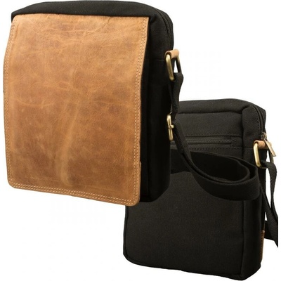 Impex crossbody taška s chlopňou plátno s byvolou kožou čierna/svetlo-béžová