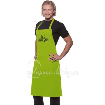 limetkově zelená bavlněná zástěra s laclem s potiskem Grill chef