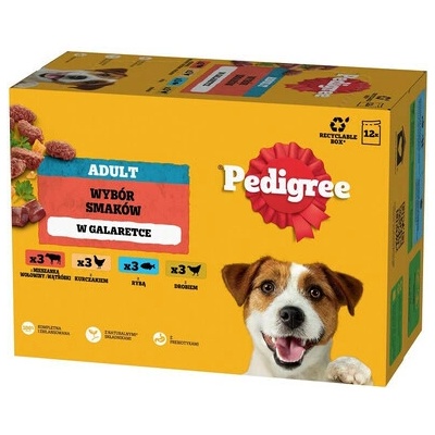 Pedigree Adult s mixem hovězího masa a játry s kuřetem s rybou s drůbežím v želé 12 x 100 g