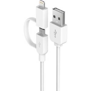 DEVIA Кабел Devia - 2 в 1, USB-A/Micro USB/Lightning, 1 m, бял (6952897987107)