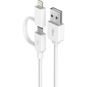 DEVIA Кабел Devia - 2 в 1, USB-A/Micro USB/Lightning, 1 m, бял (6952897987107)