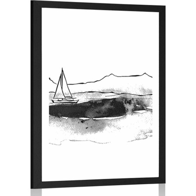 Plakát s paspartou jachta na moři v černobílém provedení - 60x90 no frame