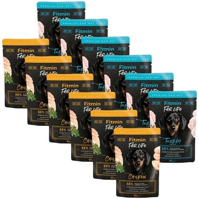 Fitmin For Life Dog Adult Mix příchutí kuře s bylinkami a krůta s rakytníkem v omáčce 12 x 85 g