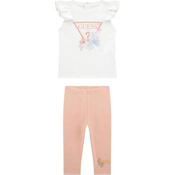 Guess Бяла тениска с къдрички и цветя с прасковен клин за бебе момиче Guess