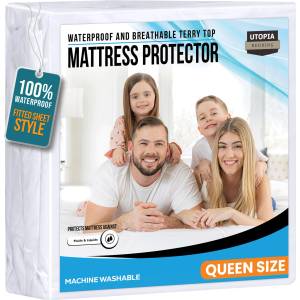 Utopia Bedding Premium 200 GSM 100% Waterproof Mattress Protector, Terry Mattress Cover, Breathable, Fitted Style All Around Elastic (Queen) - UB0051 (UB0051)