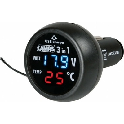 Digitálny voltmeter 12/24V s teplomerom a USB výstupom Lampa