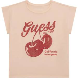 GUESS Тениска в прасковен цвят за момиче с черешки с глитери Guess