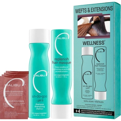 Malibu C Wefts & Extensions kompletná sada pre predĺžené vlasy šampón 266 ml + maska 266 ml + wellness sáčky 4 ks