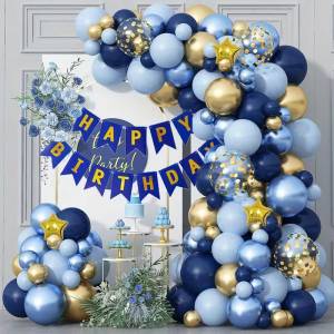  Комплект балони за рожден ден 121 части - синьо, светлосиньо и златно с happy birthday банер