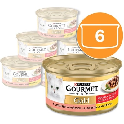 Gourmet Консерва Gourmet GOLD - парчета в сос с сьомга и пиле, 6 x 85г