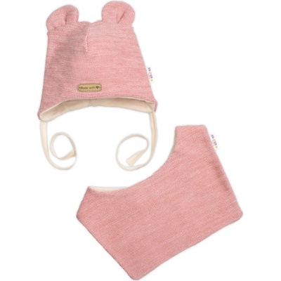 Pletená čepice s bavlněnou podšívkou a šátkem 2v1 Teddy Hand made rúžová