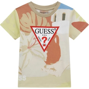 GUESS Тениска с къс ръкав Desert за мини момче в бежов цвят и червено лого Guess