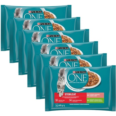 PURINA ONE STERILCAT с пуйка и зелени фасул в сос, с сьомга и морков в сос, 24 x 85 г