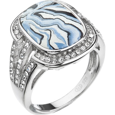 Evolution Group Stříbrný prsten obdélník modrobílý mramor se Swarovski krystaly 75015.1