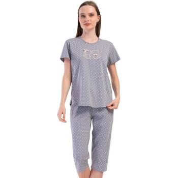 Дамска макси лятна пижама в сиво с котета и точки