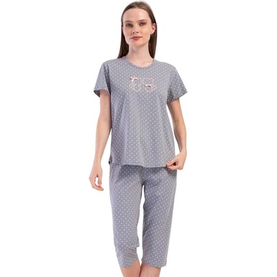 Дамска макси лятна пижама в сиво с котета и точки