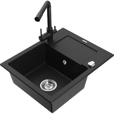 Mexen Enzo гранитна мивка с 1 камера и сушилник и кухненски смесител Duero, черен - 6506-77-671600-70 (6506-77-671600-70)