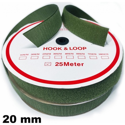 Pásik so suchým zipsom, set háčika a slučky, farba khaki 20 mm, balenie 25 m