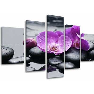 Päťdielny obraz orchideí v purpurových tónoch na plátne – Feng Shui - 100x80 cm
