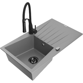 Mexen Cesar гранитна мивка с 1 отделение с отцедник и кухненска батерия Aster, сив - 6514-71-73450-70-B (6514-71-73450-70-B)