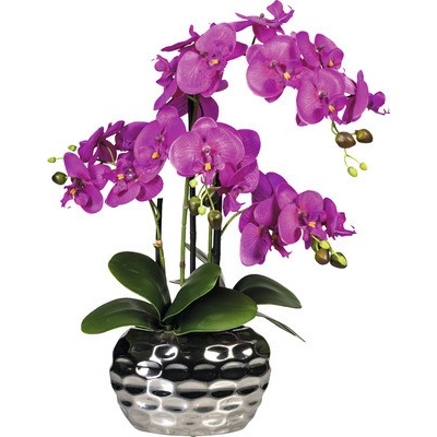 Umelá orchidea phalaenopsis 4 výhonky 55 cm fialová v oválnej striebornej váze 20x11x13 cm