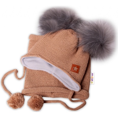 Baby Nellys Zimná čiapka s fleecom a chlupáčka. bambuľky Star + komínok medová