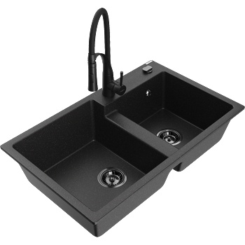 Mexen Tomas гранитна мивка с 2 отделения и кухненски смесител Aster, черно/сребърен металик - 6516-73-73450-70-B (6516-73-73450-70-B)