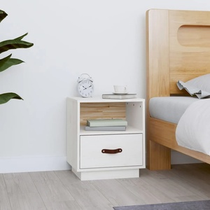 vidaXL Нощно шкафче, бяло, 40x34x45 см, борово дърво масив (818297)