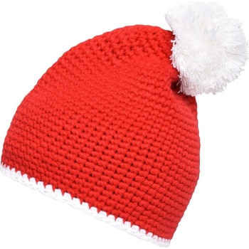 Myrtle Beach MB7964 pletená čiapka s kontrastným pruhom a brmbolcom červená bílá