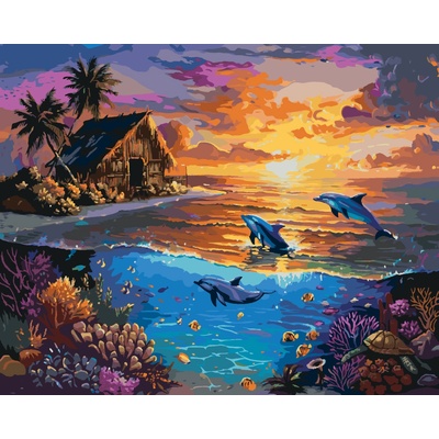 ZUTY ZÁPAD SLNKA DELFÍNY KORYTNAČKY a TROPICKÁ CHATA Rámovanie bez rámu a bez vypnutia plátna Rozmer 80 x 100 cm