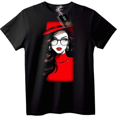 NOONEBRAND Тениска с дама с червена шапка - S, Black