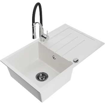 Mexen Bruno гранитна мивка с 1 отделение с отцедник и кухненски смесител Aster, бял - 6513-20-73450-07-B (6513-20-73450-07-B)