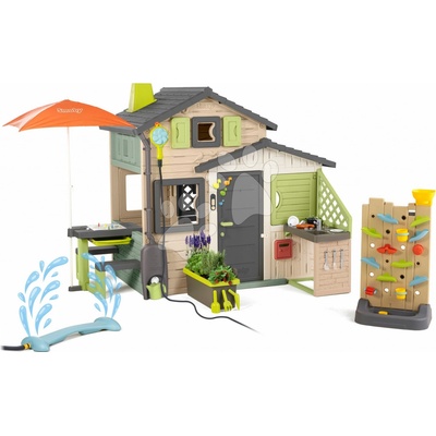Smoby Domeček Přátel ekologický s vodní hrou u hrací stěny v natur hnědých barvách Friends House Evo Playhouse Green