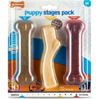 Nylabone hračka Puppy kost příchuť kuřecí slanina+javor.sirup hovězí M 3ks